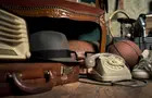 Answer SUITCASE, HAT, TELEPHONE, BALL, HOURGLASS, MICROPHONE, RACKET, RADIO