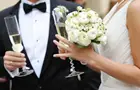Answer WEDDING, CHAMPAGNE, BOUQUET, FLOWER, RING, NECKLACE, BOW TIE, TUXEDO